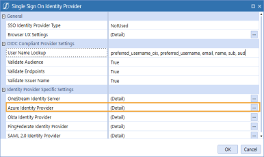 The Single Sign On Identity Provider dialog box has a grid with row headings that have a blue background with blue text and can be expanded to display fields with a white background and black text. In this example, in the Identity Provider Specific Settings section, Azure Identity Provider is highlighted.